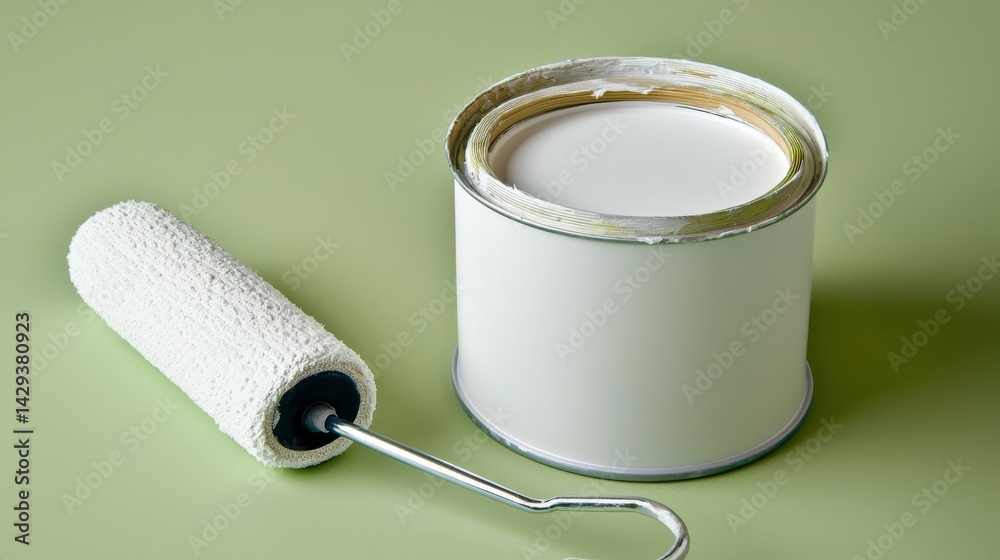 Obraz premium White Paint Can and Roller Against Vibrant Green Backdrop