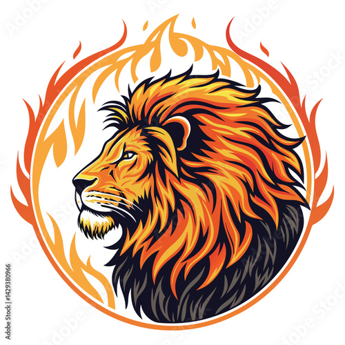 Create a vibrant digital painting of a lion's head, fiery mane ablaze, encircled within a round flame emblem.  Focus on intense detail and sharp mane textures.