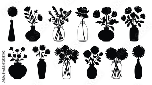 This set of twelve silhouettes showcases various flower arrangements in different vases and mason jars