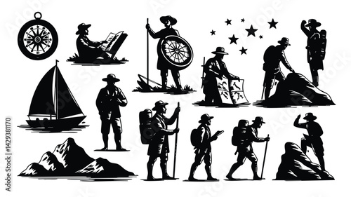 A collection of black and white silhouette illustrations depicting various adventurers and exploration elements