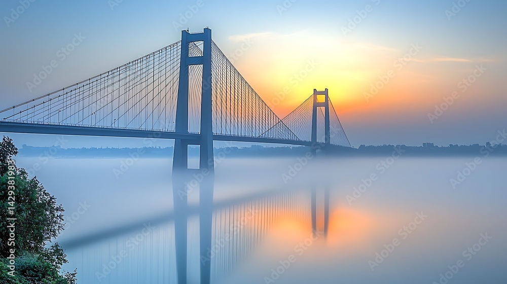 Obraz premium Majestic cable-stayed bridge spans a misty river at sunrise