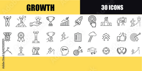 Growth set of Web Icons in Line Style A Comprehensive Collection for Business and Personal Development. Containing achievement, successful, strategy, winner, teamwork, goal. Editable stroke