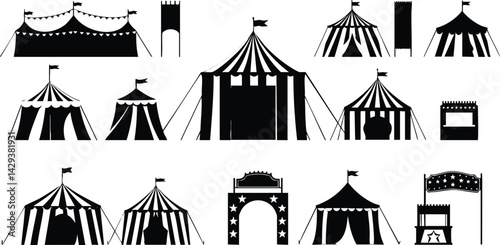 A set of various circus tent silhouettes in black and white