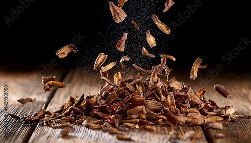 brown dried chicory root slices falling down close up