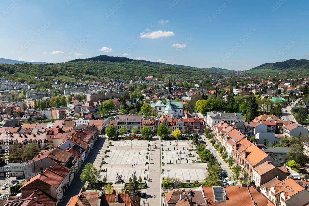 Myślenice city - view of the market square/city center - aerial panorama 2025