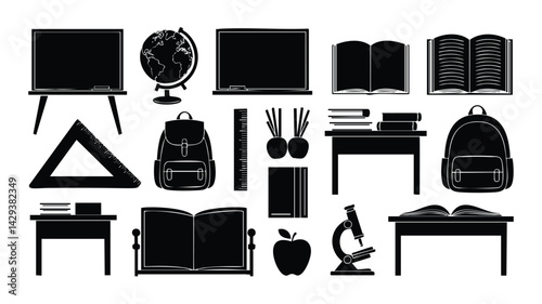 A collection of black silhouette icons representing various school supplies and furniture