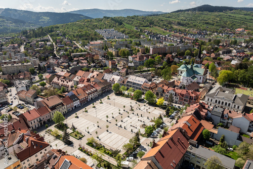 Myślenice city - view of the market square/city center - aerial panorama 2025