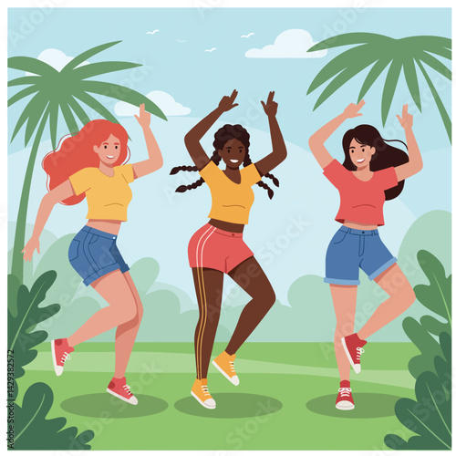 A vibrant illustration featuring three women joyfully dancing against a tropical backdrop. This artwork captures the carefree spirit of summer and celebration