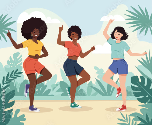 A vibrant illustration featuring three women joyfully dancing against a tropical backdrop. This artwork captures the carefree spirit of summer and celebration