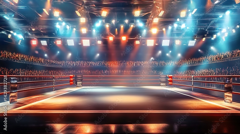 A boxing ring under bright stage lights in a crowded indoor stadium with audiences, red ropes, and blue flooring.