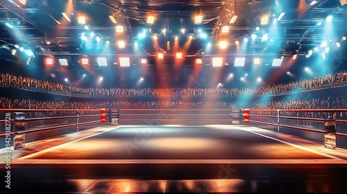 Obraz na płótnie A boxing ring under bright stage lights in a crowded indoor stadium with audiences, red ropes, and blue flooring. w salonie