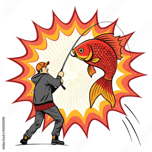A comical illustration of a surprised fisherman being pulled underwater by an enormous, cartoonish goldfish.  Focus on vibrant colors and exaggerated expressions.