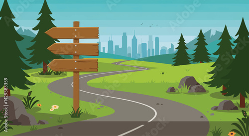 A scenic illustration featuring a winding road leading towards a distant cityscape, framed by lush greenery and a prominent wooden arrow sign