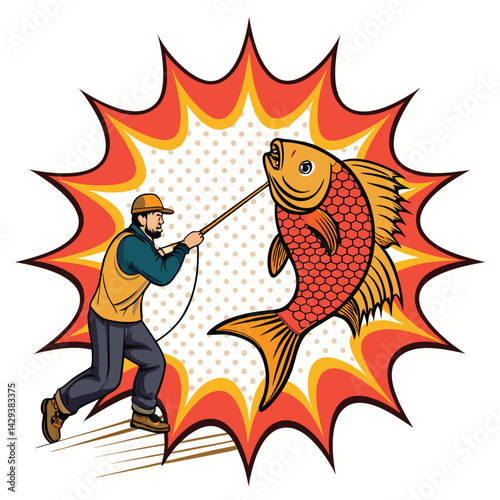 A comical illustration of a surprised fisherman being pulled underwater by a gigantic, grinning goldfish.  Use vibrant, exaggerated cartoon style.