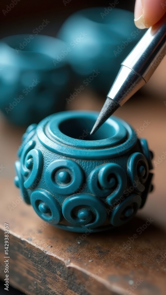 Intricate carved ceramic vase with swirl patterns on wooden table.
