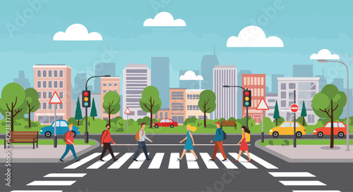 A vibrant, flat-style illustration depicts a city street scene with pedestrians crossing at a zebra crossing under traffic lights