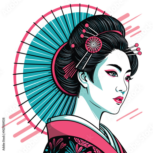 A cyberpunk geisha, adorned with glowing LED fan and intricate tech wires, poses elegantly. Futuristic kimono, neon lighting.