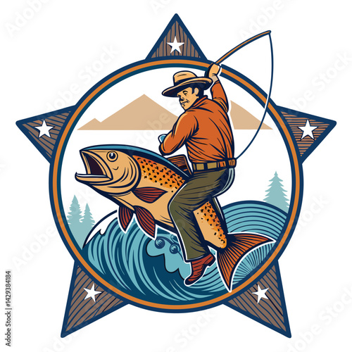 A whimsical illustration of a fisherman bravely riding a large, leaping fish like a rodeo bronco, all set within a single, bright star.