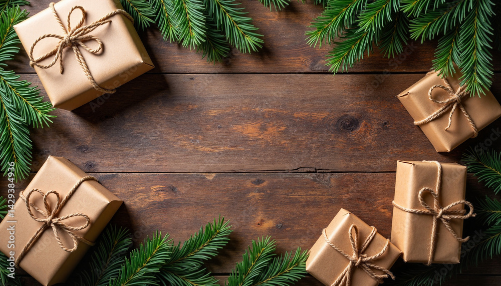Christmas concept with gifts surrounded by pine branches