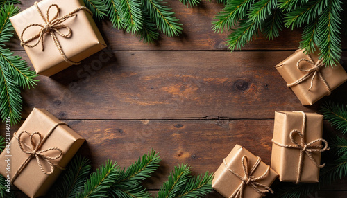 Obraz na płótnie Christmas concept with gifts surrounded by pine branches w salonie