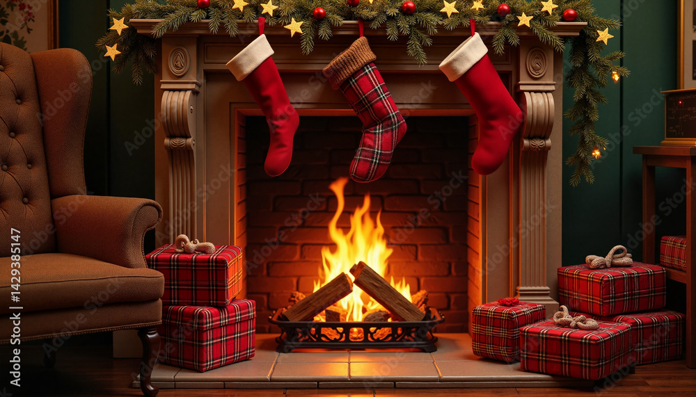 Cozy Christmas concept with stockings and presents by the fireplace