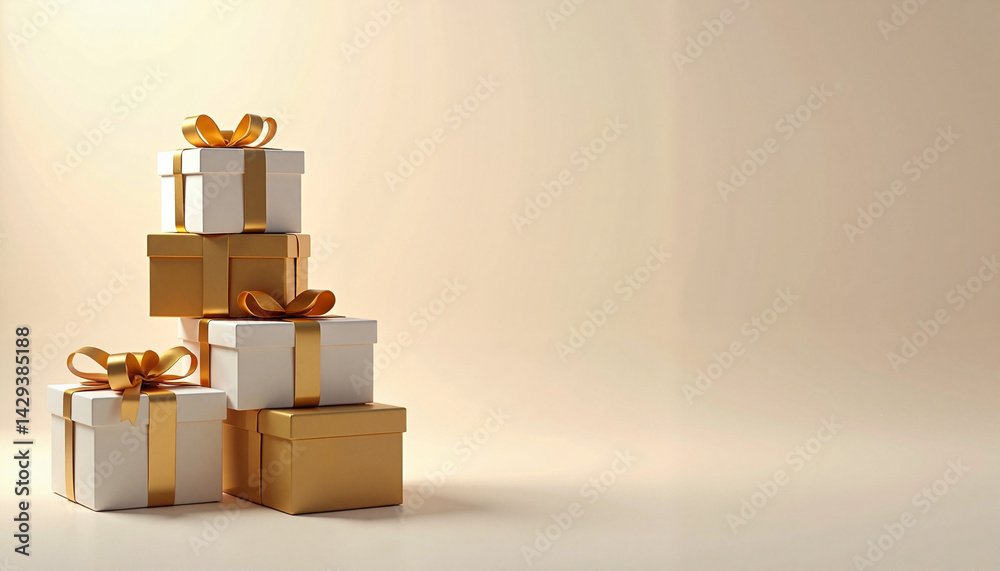 Christmas concept - stylish stacked gift boxes on a neutral background