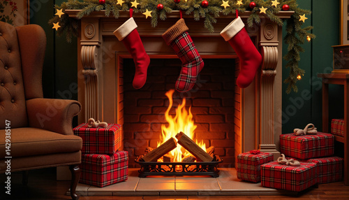 Obraz na płótnie Cozy Christmas concept with stockings and presents by the fireplace w salonie