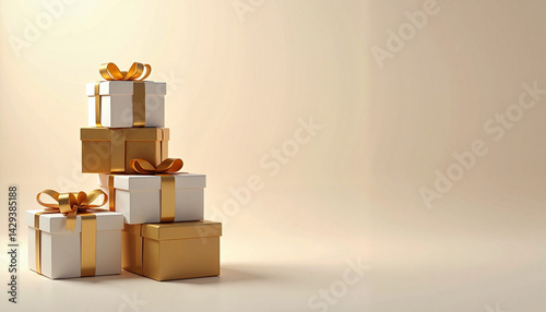 Christmas concept - stylish stacked gift boxes on a neutral background  