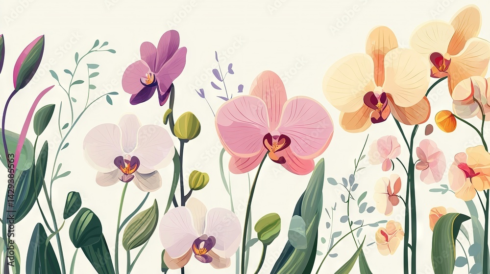 Obraz premium A painting of pink and yellow orchids with green leaves on a white background, featuring a white wall in the background