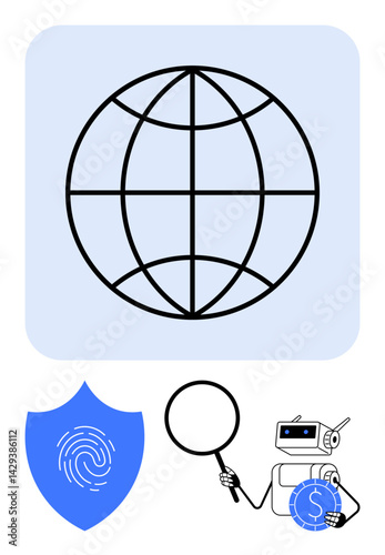 Globe with latitude-longitude lines, fingerprint on shield, robot analyzing with magnifying glass and currency coin. Ideal for data privacy, AI security, global network, digital economy, fraud