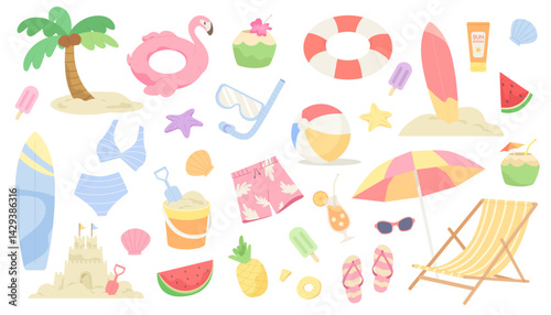 Set of Summer beach stuffs for travel at vacation isolated on white background. Concept of holiday, summer vibe, sea tourist objects, beach party elements, tropical vacation. Flat vector illustration.