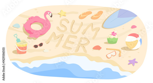 Summer vibe banner with sand, sea, beach element and word "SUMMER" written on sand. Concept of vacation, holiday, beach party, summer time, rest, relaxation. Flat vector illustration.