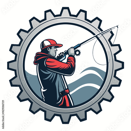 A futuristic fisherman skillfully uses a high-tech slingshot fishing rod, showcasing advanced gear and innovative fishing techniques.