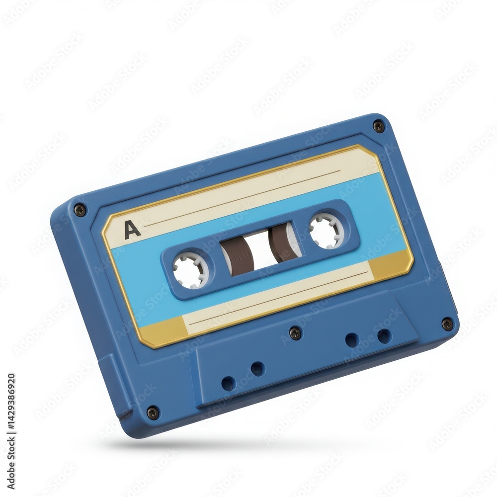 Fototapeta premium 3d, Blue audio cassette tape isolated on white background