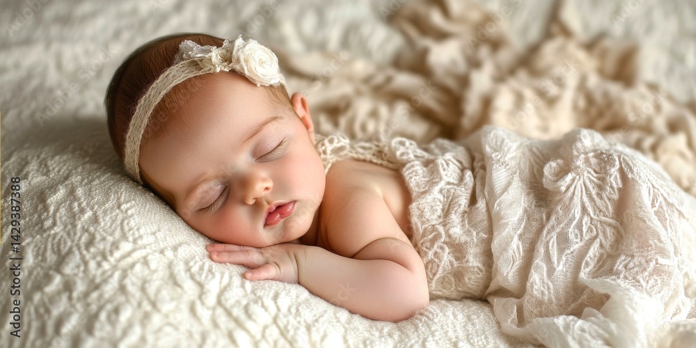 A peacefully sleeping baby wrapped in soft fabric. The adorable infant wears a delicate headband. This image showcases innocence and warmth in a creative and soft style. AI