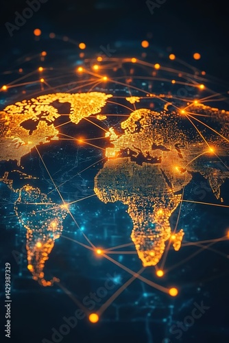 A digital-art global map with glowing nodes and lines on dark background.