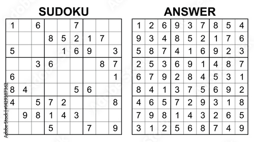 Vector sudoku with answer 37. Educational game with numbers for kids and leisure for adult on white background.