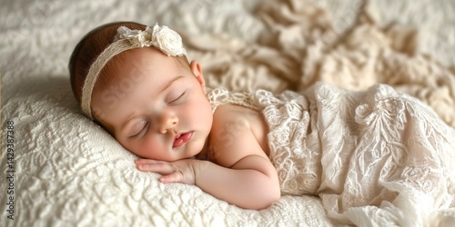 Obraz na płótnie A peacefully sleeping baby wrapped in soft fabric. The adorable infant wears a delicate headband. This image showcases innocence and warmth in a creative and soft style. AI w salonie