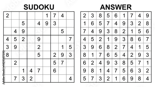 Vector sudoku with answer 38. Educational game with numbers for kids and leisure for adult on white background.