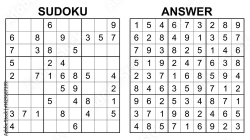 Vector sudoku with answer 41. Educational game with numbers for kids and leisure for adult on white background.