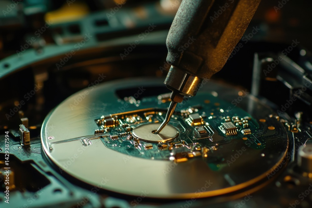 Obraz premium Close-up of precision tool repairing a circuit board, showcasing intricate electronic components and detailed craftsmanship.