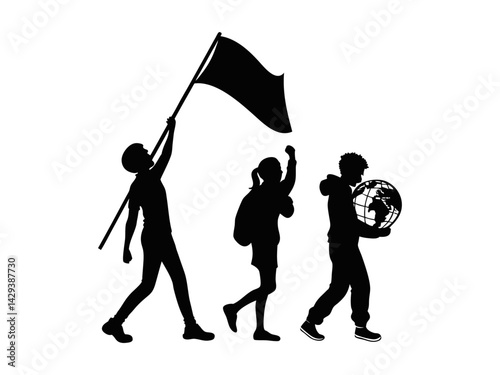 International Youth Day, Three kids with backpacks jumping for joy, silhouette style. A powerful, impactful image of three people, depicted as silhouettes, marching forward, likely in a protest. Youth