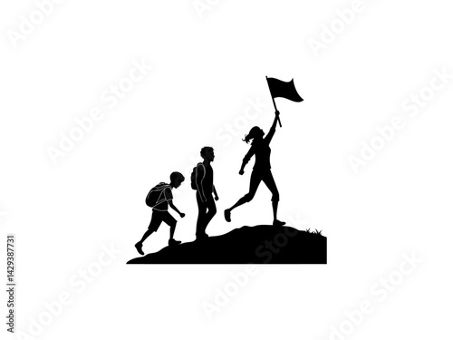 International Youth Day, Three kids with backpacks jumping for joy, silhouette style. A powerful, impactful image of three people, depicted as silhouettes, marching forward, likely in a protest. Youth