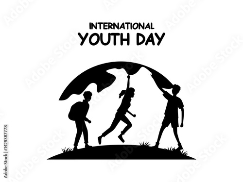 International Youth Day, Three kids with backpacks jumping for joy, silhouette style. A powerful, impactful image of three people, depicted as silhouettes, marching forward, likely in a protest. Youth
