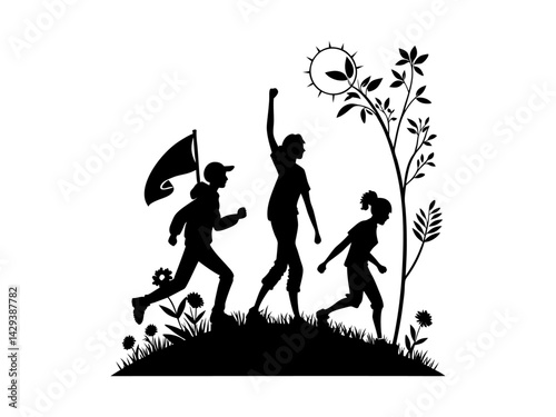 International Youth Day, Three kids with backpacks jumping for joy, silhouette style. A powerful, impactful image of three people, depicted as silhouettes, marching forward, likely in a protest. Youth