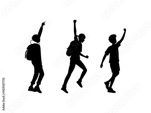 International Youth Day, Three kids with backpacks jumping for joy, silhouette style. A powerful, impactful image of three people, depicted as silhouettes, marching forward, likely in a protest. Youth