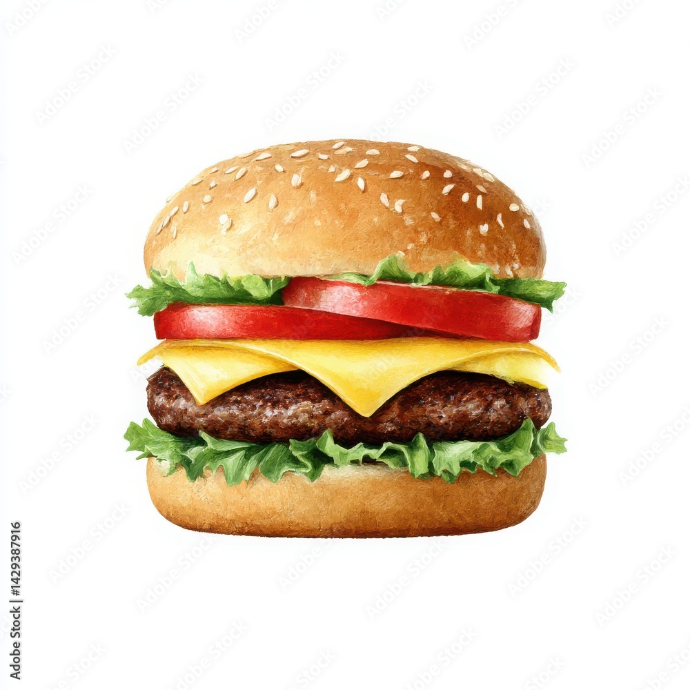 A vibrant burger illustration featuring layers of cheese, A vibrant burger illustration featuring layers of cheese,
