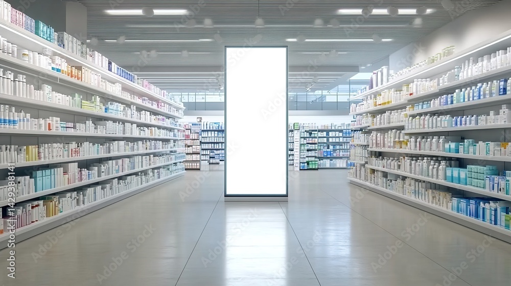 A blank white billboard centered in a well-lit pharmacy aisle with shelves fully stocked with medicines and healthcare products.