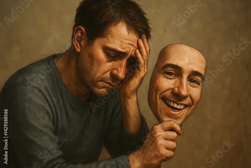 Sad Person Sitting Alone Holding a Smiling Mask Symbolizing Hidden Emotions and Mental Health Struggles