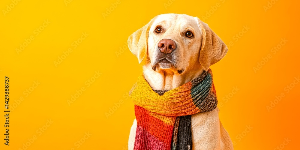 A charming yellow labrador dog wearing a colorful scarf poses against a bright orange background. This delightful image captures warmth and joy. Ideal for pet lovers and cheerful art. AI